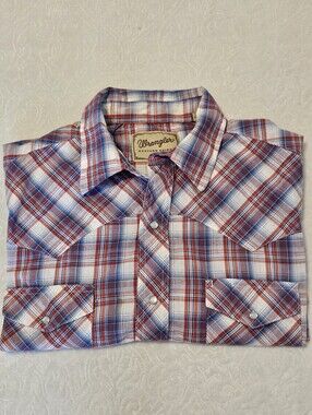 Wrangler Men's Large Western Pearl Snap Short Sleeve Plaid Shirt Red White Blue